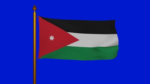 National flag of Jordan waving 3D Render with flagpole on chroma key, kingdom jordan flag textile used Pan-Arab Colors, similar Flag of the Arab Revolt. High quality 4k footage