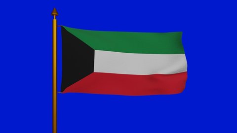 National flag of Kuwait waving 3D Render with flagpole on chroma key, Alam Baladii Derti used Pan-Arab colours, State of Kuwait flag textile. High quality 4k footage