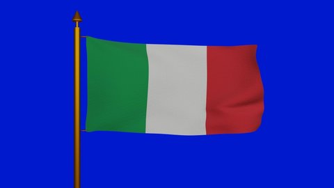 National flag of Italy waving 3D Render with flagpole on chroma key, Italian flag or il Tricolore bandiera dItalia, first tricolour cockade flag Italian Republic. High quality 4k footage