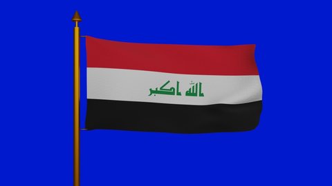 National flag of Iraq waving 3D Render with flagpole on chroma key, Islamic Republic of Iraq flag textile, Arab Liberation flag with Kufic script, coat of arms Iraq independence day. 4k footage