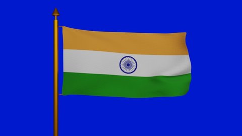 National flag of India waving 3D Render with flagpole on chroma key, Republic of India flag textile designed by Pingali Venkayya, coat of arms India independence day, Ashoka Chakra. 4k footage