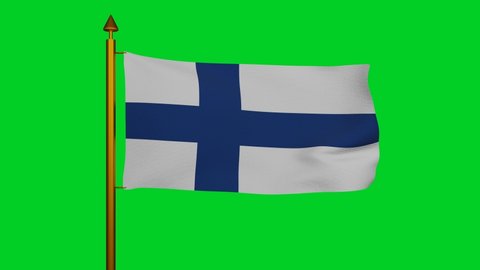 National flag of Finland waving 3D Render with flagpole on chroma key, Suomen lippu or Finlands flagga and Siniristilippu used Nordic cross, Finnish flag has Scandinavian cross. 4k footage