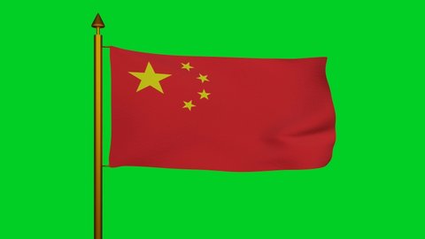 Flag of China waving 3D Render with flagpole on chroma key, National Flag of the Peoples Republic of China, Five-starred Red Flag, Chinese Communist Revolution. High quality 4k footage