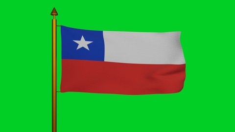 National flag of Chile waving 3D Render with flagpole on chroma key, La Estrella Solitaria or The Lone Star, Republic of Chile flag textile. High quality 4k footage