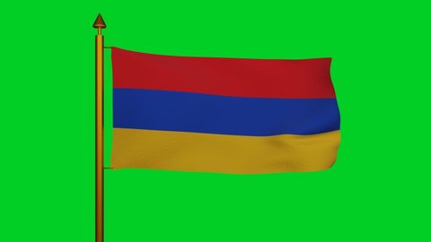 National flag of Armenia waving 3D Render with flagpole on chroma key, Armenian Tricolour flag Republic of Armenia. High quality 4k footage