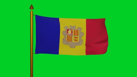 National flag of Andorra waving 3D Render with flagpole on chroma key, Principality of Andorra flag textile, Bandera d Andorra and coat of arms of Andorra. High quality 4k footage