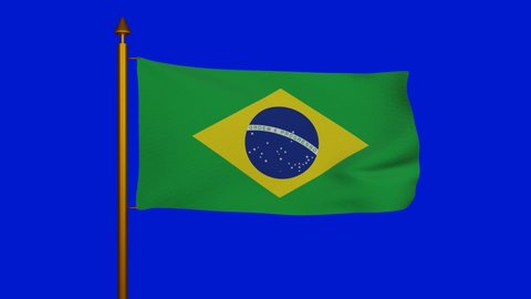 National flag of Brazil waving 3D Render with flagpole on chroma key, Brazil flag textile or Bandeira do Brasil, Federative Republic of Brazil, national motto Order and Progress. 4k footage