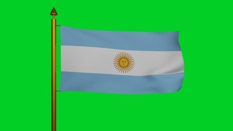 National flag of Argentina waving 3D Render with flagpole on chroma key, Republic Argentine flag textile designed by Manuel Belgrano, argentinian flag, Bandera de Ornato. High quality 4k footage
