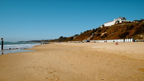Establishing shot of Bournemouth Beach. Bournemouth is a seaside resort town in the county of Dorset on the south coast of England, UK

