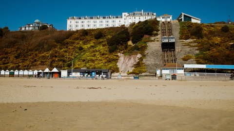 Establishing shot of Bournemouth Beach. Bournemouth is a seaside resort town in the county of Dorset on the south coast of England, UK
