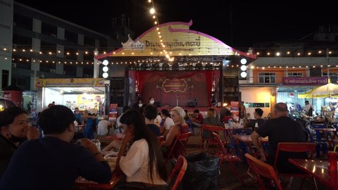 Bangkok , Thailand - 04 30 2022: Customers Dining At The Krabi Town Night Market