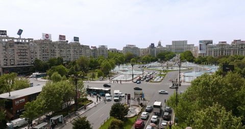 Aerial view of Unirii Square, Bucharest Romania on a sunny day.