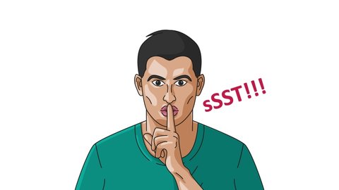 man puts his finger to his lips animation on white background, a gesture of silence or secret, closeup. green screen