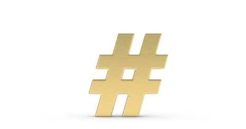 Rotating gold hash tag symbol on a white background.