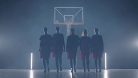 Performance, team of basketball female players walks through the gym in contour lighting, the international women's basketball championship, team presentation, 4k slow motion. - Powered by Shutterstock - Get 15% off with code: PIKWIZARD15