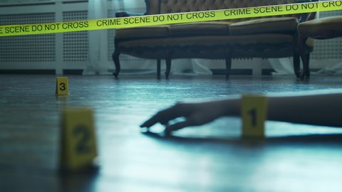 Closeup of a Crime Scene in a Deceased Person's Home. Dead man, Police Line, Clues and Evidence. Serial Killer and Detective Investigation Concept.