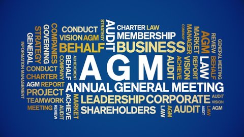 AGM - Annual General Meeting acronym animated tag word cloud,text design animation kinetic typography seamless loop. 