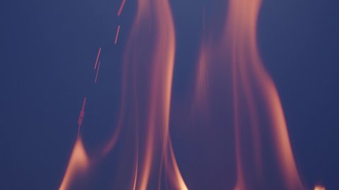 The wooden fire is orange, and the smoke of the fire from the mustard tree is on a blue background. Close-up of a flame with white smoke. Slow motion, 4K.