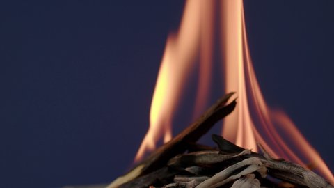 The wooden fire is orange, and the smoke of the fire from the mustard tree is on a dark blue background. Close-up of a flame with white smoke. Slow motion, 4K.