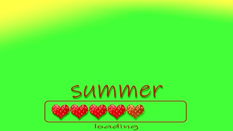 Loading bar icon.  Strawberry heart on bright yellow green gradient background with the word  SUMMER LOADING in loading bar progress. Concept loading. 4K Stop motion minimal animation design. Seamless