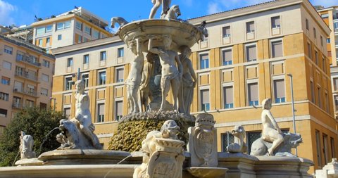 Fountain of Neptune (Fontana del Nettuno) In Municipio Square, Naples, Italy - tilt up, close up