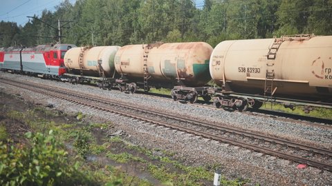 Irkutsk, Russia - August 21, 2021: A freight train in Russia travels along the Trans-Siberian Railway.