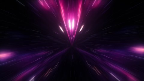Glowing Colorful neon symmetric digital technology  lights Particles hyper space in dark tunnel. 4K 3D Abstract visualizer seamless loop of flying Particles in tunnel. Abstract hyperspace tunnel throu