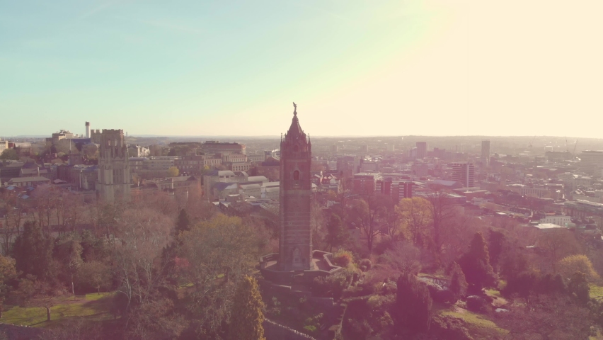 Aerial view of landmark Cabot Tower in city of Bristol in early morning light