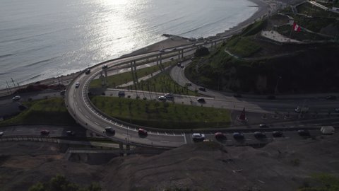 Aerial view of La Costa Verde and the Miraflores boardwalk in Lima. Peru.