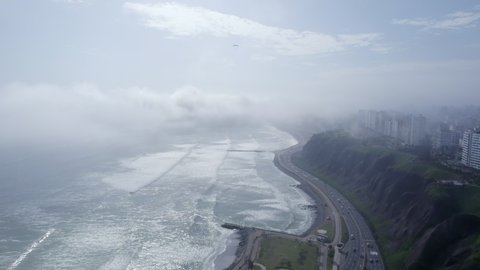 Aerial view of La Costa Verde and the Miraflores boardwalk in Lima. Peru.