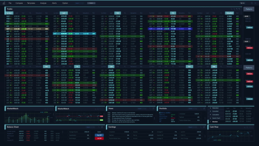 Financial Stock Market Software Mock-up with Generic Graphs, Real-Time Data, Ticker Numbers. Black Monitoring Interface with Multiple Windows. Template for Computer Displays and Laptop Screens. Royalty-Free Stock Footage #1090116247