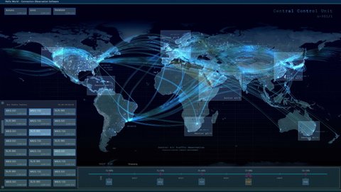 World Map with Global Air Travel Traffic Monitoring Mock-up. Dark Interface with Plane Destination Route Trackers. Airport Central Control Unit Template for Computer Displays and Laptop Screens.