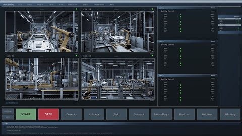 Video Camera Live Feed from a Car Factory Automated Robot Arm Assembly Line Manufacturing Modern Electric Vehicles. Monitoring Software for Production Conveyor Administrator. 3D VFX Concept.