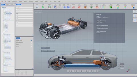 3D Graphics Visualization with Electric Car Prototype Being Developed in CAD Software. Real Time Animation of a Finished Futuristic Concept Vehicle. Mock-up VFX Template for Computer Displays.