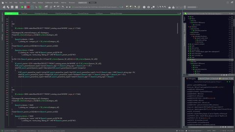 Developer Software Code Mock-up with Generic Programming Language. Dark Interface with Multiple Windows. Night Mode Template for Computer Displays and Laptop Screens.