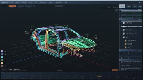 3D Graphics Visualization with Electric Car Frame Being Developed in CAD Software. Real Time Animation of a Futuristic Concept Vehicle. Mock-up VFX Template for Computer Displays.