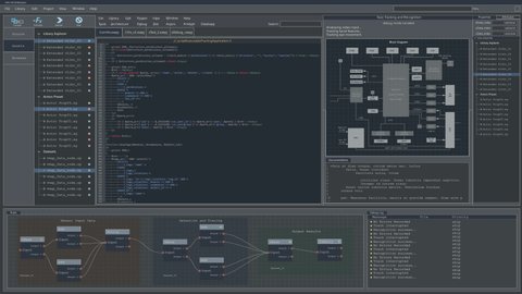 Developer Software Code Mock-up with Generic Programming Language. Grey Monitoring Interface with Multiple Windows. Night Mode Template for Computer Displays and Laptop Screens.