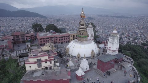 Nepal Swayambhunath Stupa Aerial Shot Rotate R in Kathmandu Log - World Heritage Site