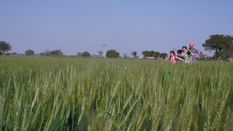 A cheerful family of an Indian village playing and having fun in the open field - family bonding. Nuclear family in village - Happy family, Village parents with their kids on the green wheat farm