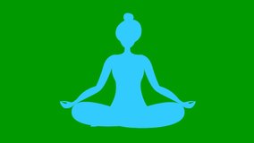 Animated girl is doing yoga sitting in lotus position. blue symbol. The girl meditates. Modern flat design concept of yoga. Woman soars in the air. Bright motion illustration on green background.