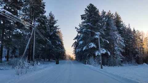 A drive on snow-covered road in 4K time-lapse. Clear sky horizon sunlight on the top of pine trees. hyperlapse dashcam view of car driving in winter landscape.