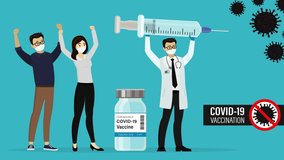 Doctor holding syringe, coronavirus vaccine. Motion video, animation. Happy people, Covid-19 viral infection stoped. Vaccination, healthcare. Footage.