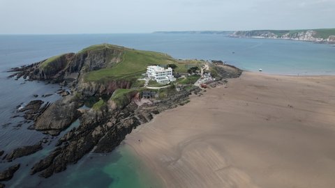 Burgh Island and beach South Devon England Bigbury-on-Sea drone reveal