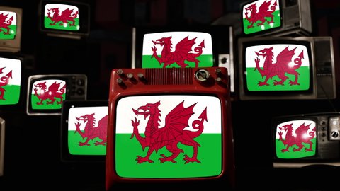 Flag of Wales and Vintage Televisions. 4K Resolution.