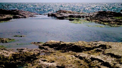 Rocky flat coast with littoral baths on the sea coast of Bulgaria near the village of Tyulenovo