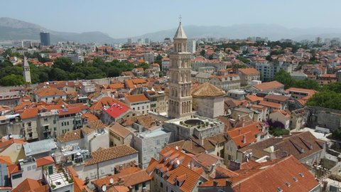 A an aerial picture of Split city centre showing Diocletian's Palace, the bell tower of the cathedral of St Domnius. Diocletian's palace view, Dalmatia, Croatia. 