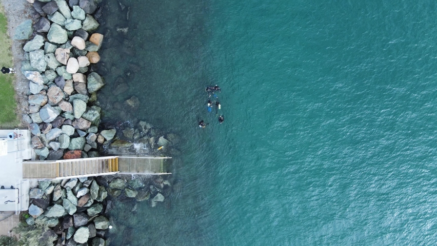 A group of scuba divers gather above the water near a set of stairs leading to the ocean. High drone view | Shutterstock HD Video #1090130119