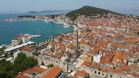 A an aerial picture of Split city centre showing Diocletian's Palace, the bell tower of the cathedral of St Domnius. Diocletian's palace view, Dalmatia, Croatia
