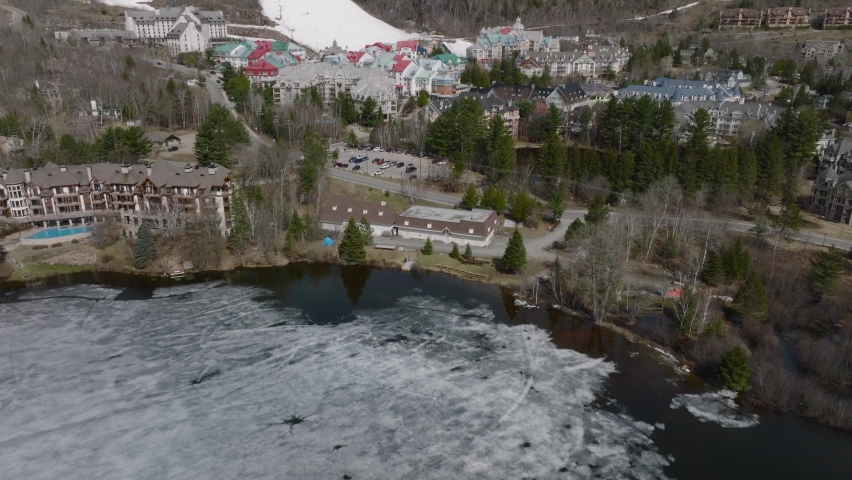 Amazing Mountain Views And Beautiful Architecture In Mont Tremblant, Quebec, Canada - aerial shot