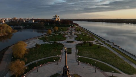 Aerial survey of Strelka City Park in Yaroslavl, a park at the confluence of 2 rivers in winter